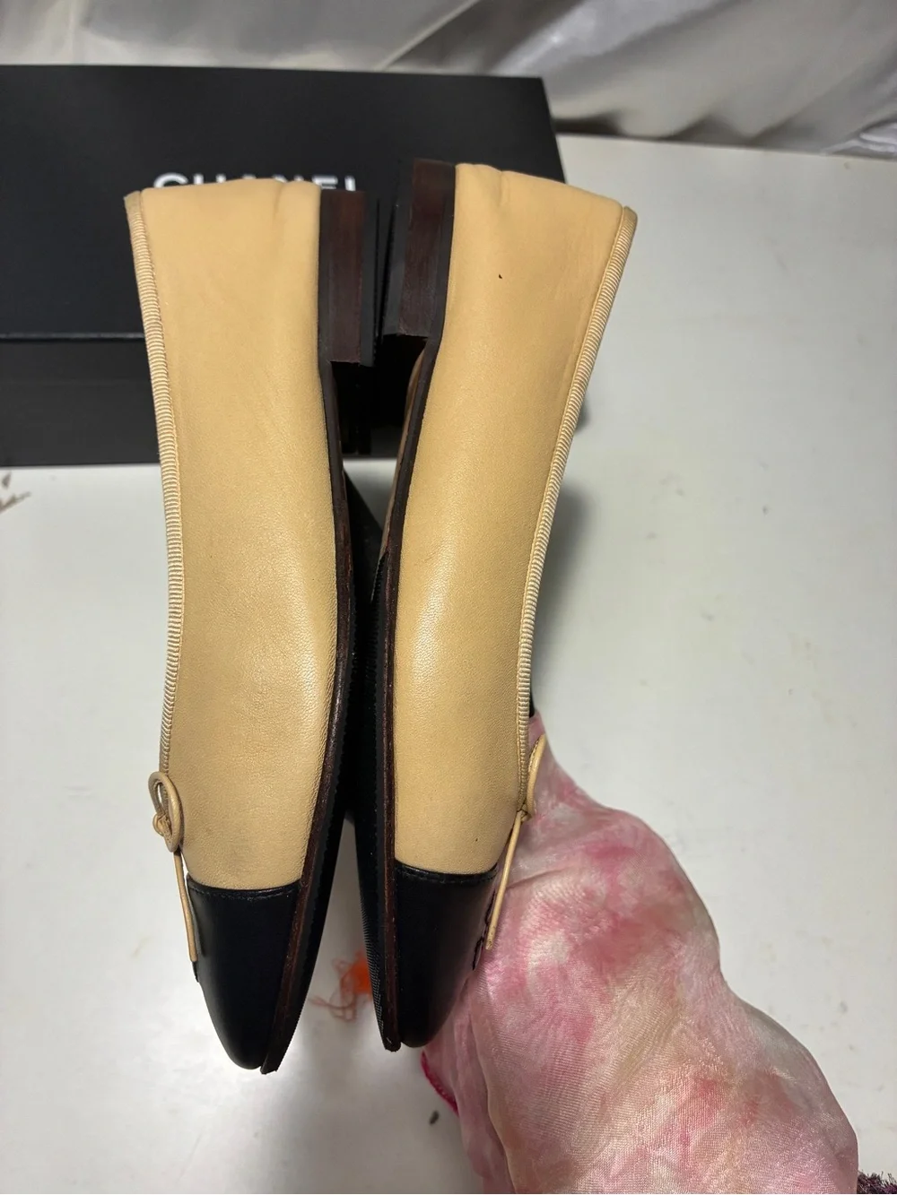CHANEL Beige Leather Ballet Flats with Black Cap Toe